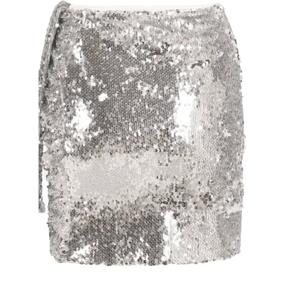 Sequin Micro Mini Skirt Silver Size 12 Ruched Metallic OW Collection $128 NEW - Picture 4 of 11